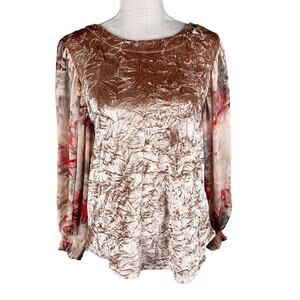 Meadow Rue Top Crushed Velvet Sheer Floral Sleeves Small